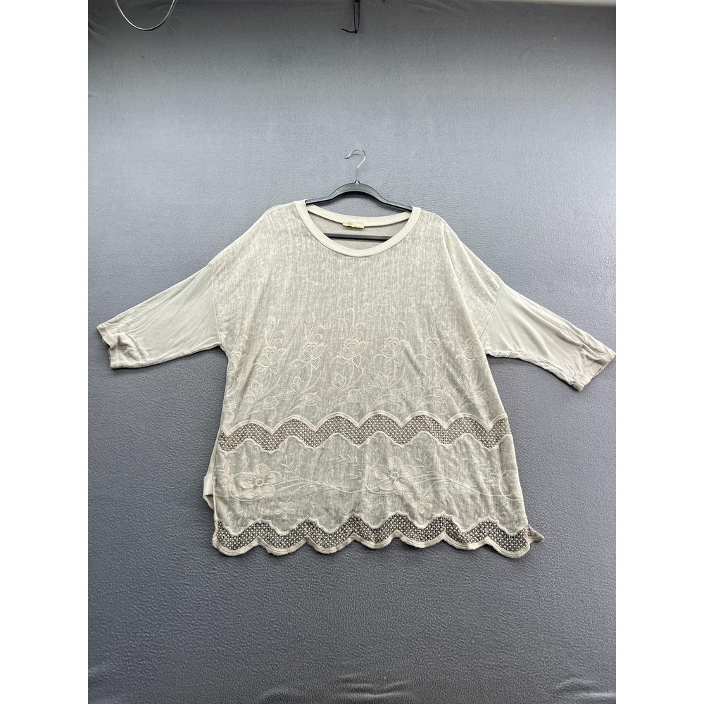 M Made in Italy Shirt Womens One Size Beige Embroidered Tunic Lace Scalloped Hem